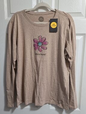 Life Is Good Beige Long Sleeve Tee with Pink Flower Graphic